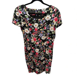 August Silk Women's Black Floral Short Sleeve Scoop Neck Back Zip Dress Size 8